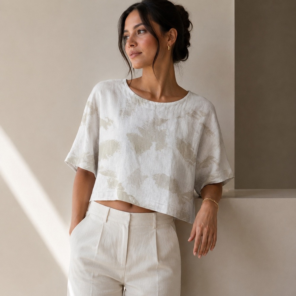 DKNY Pure Linen Blend Top Natural Multi Abstract Brushstroke Small NWT